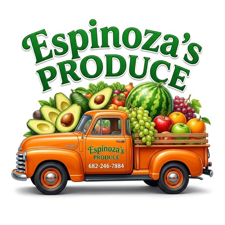 Logotipo de Espinoza's Produce: camioneta naranja cargada de frutas y verduras